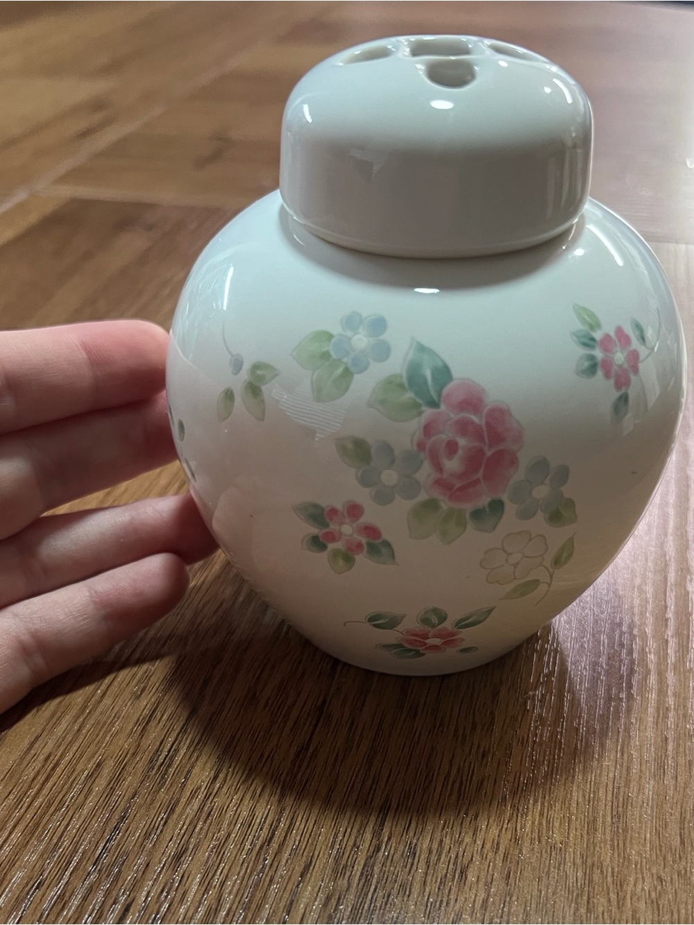 White Floral Porcelain Ginger Jar - Pink & Blue Flower Design